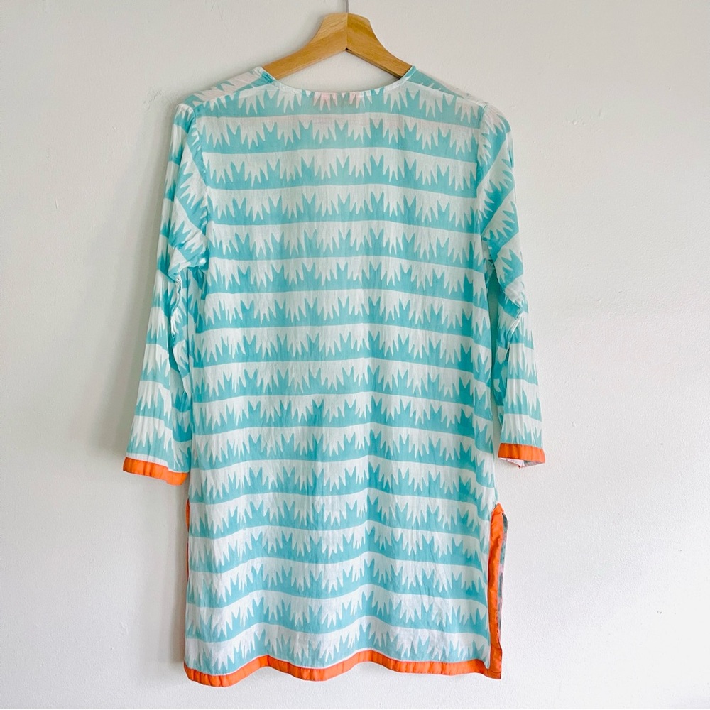 Oliphant Cotton Tunic Top Split V Neck 3/4 Sleeve White W/ Aqua Aloe Print Sz XS - Picture 2 of 13